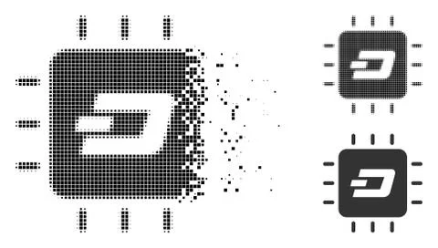 Destructed Pixelated Halftone Dash Processor Chip Icon Stock Illustration