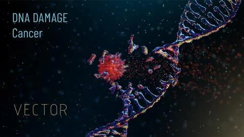 Destructible DNA helix in a medium of particles. Depth of field. 3D. Gene Stock Illustration