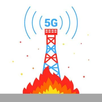 The destruction of the 5G tower. set fire to Internet equipment. Stock Illustration