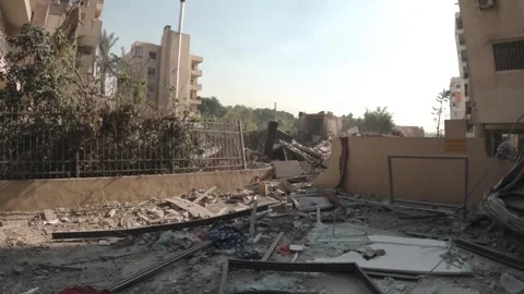 Destruction and a building completely collapsed as a result of the shelling Video stock 289846576