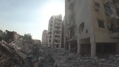 Destruction and a building completely collapsed as a result of the shelling2 Stock Footage 289846577