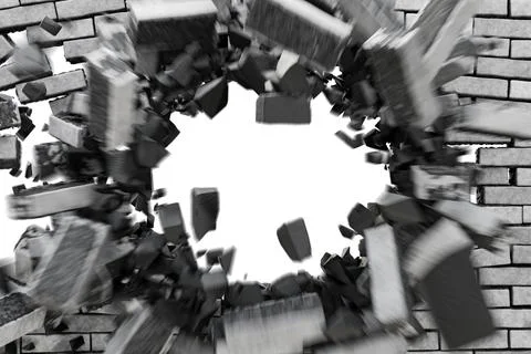 Destruction of a brick wall on a white background. Explosion of a brick wal.. Stock Illustration