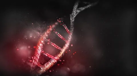 Destruction of the DNA model on a dark background, 3D render. イラスト素材