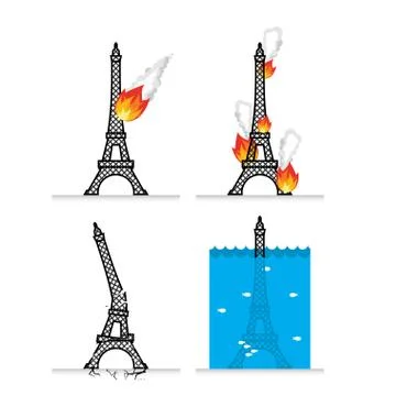 Destruction of Eiffel Tower in Paris. Meteorite flies symbol of France. Fire  Stock Illustration