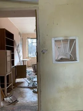 The destruction of the interior of the educational building after the rocke.. Stock Photos
