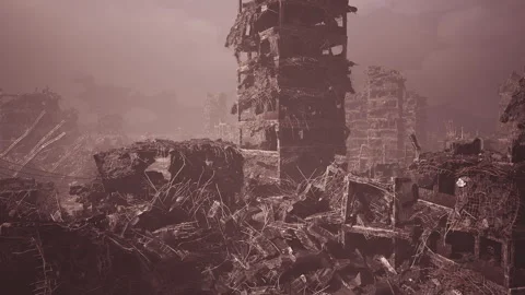Destruction patterns in a post apocalyptic urban landscape with debris Stock Footage 326195786