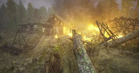 Destruction of a rustic cabin during a forest fire in a wooded area イラスト素材