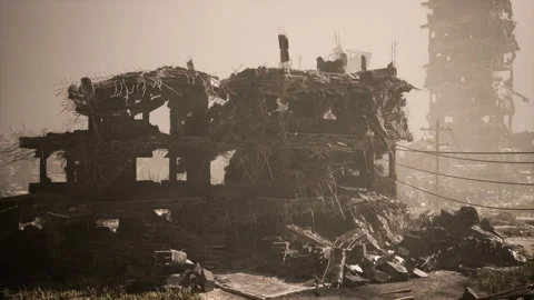 Destruction in a war torn city reflects devastation from military conflict Stock Footage 304462896