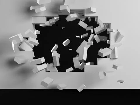 Destruction of a white brick wall 3d render Ilustración de archivo
