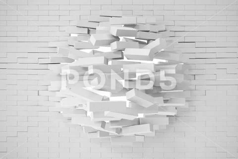 Destruction of a white brick wall. 3d illustration Stock Illustration