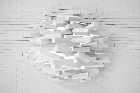 Destruction of a white brick wall. 3d illustration Stock Illustration
