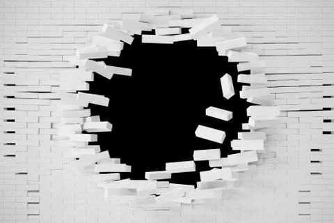 Destruction of a white brick wall for pasting anything text. 3d illustration Stock Illustration