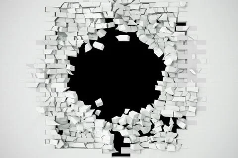 Destruction of a white brick wall for pasting anything text. 3d illustration Stock Illustration