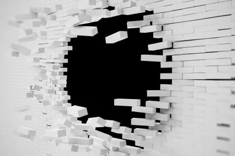 Destruction of a white brick wall for pasting anything text. 3d illustration 스톡 일러스트
