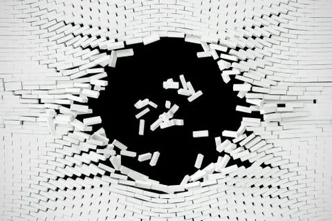 Destruction of a white wall with blank text. 3d illustration Ilustración de archivo