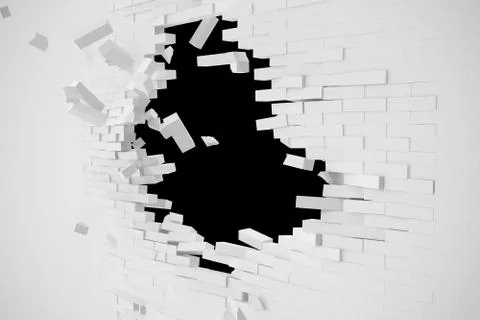 Destruction of a white wall with blank text. 3d illustration Stockillustratie