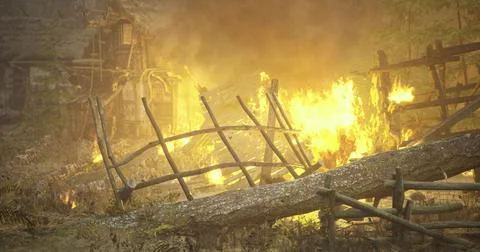 Destruction of a wooden structure by fire in a forest setting at dusk Stock Illustration