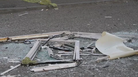 Destructions after bomb attack in Kyiv, Ukraine. Broken windows. Stock Footage 260738178
