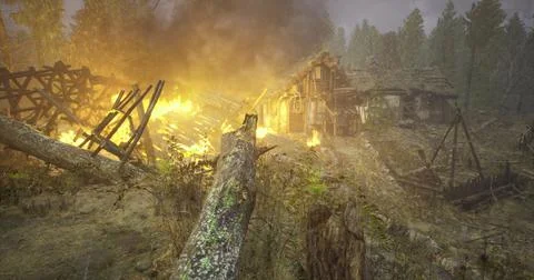 Destructive fire consumes forested area and abandoned structure Stock Illustration