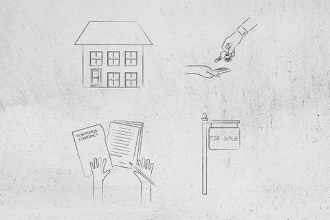Detached house next to key exchange and with mortgage contract next to for sa Stock Illustration