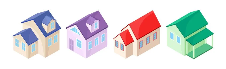 Detached House or Residence as Free-standing Building Isometric Vector Set Ilustración de archivo