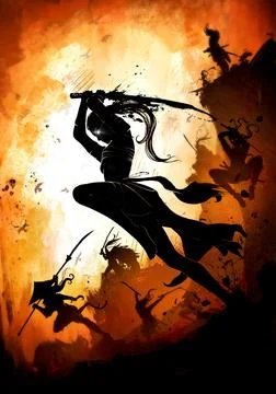 A detachment of dexterous ninja in epic poses, escaping from the mountain to  Stock Illustration