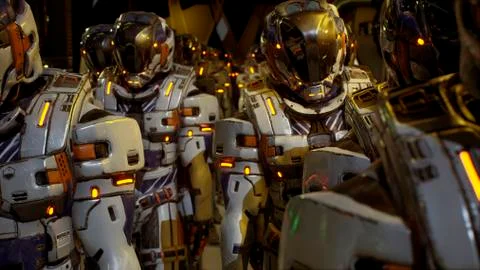 A detachment of soldiers of the future preparing to land on the planet. 3D Stock Illustration