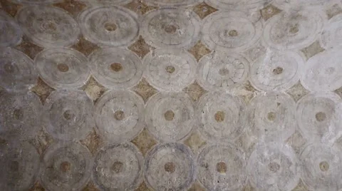 Detail of ancient ceiling and wall paintings in a Buddhist temple. Stock Footage 49056572