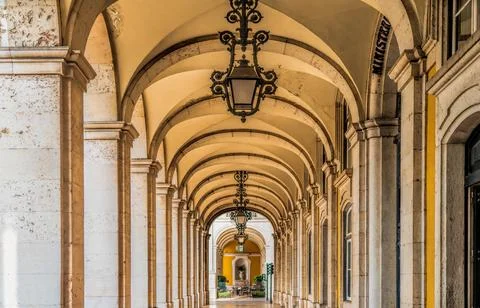 Detail of an arcade surrounding praca do comercio in Lisbon, Portugal. Stock Photos