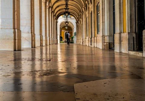 Detail of an arcade surrounding praca do comercio in Lisbon, Portugal. Stock Photos
