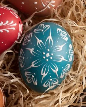 Detail of blue Easter egg decorated with wax Stock Photos