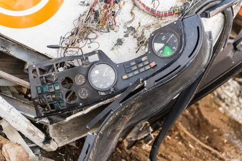 Detail of the broken control panel of a crashed bus Foto stock