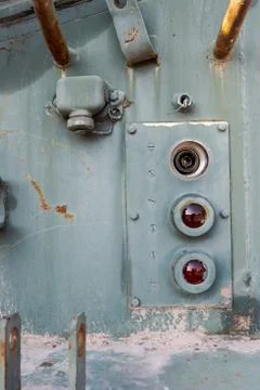 Detail of broken tail lights of soviet tank Foto stock