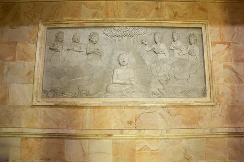 Detail of carved relief at Borobudur on Java, Indonesia. Carved Picture on the Stock-Fotos