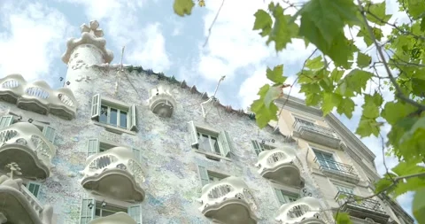 Detail of the Casa Batllò facade designed by Gaudí in Barcelona Stock Footage 131367199
