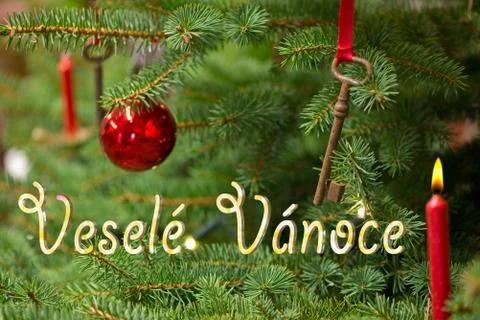 Detail of Christmas Tree with Writing Merry Christmas in Czech. Stock Photos