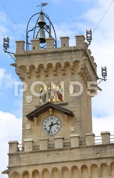 Detail of the clock tower of the main building in freedom square of in San Ma Stock Photos