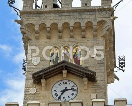 Detail of the clock tower of the main palace in freedom square of in San Mari Stock Photos