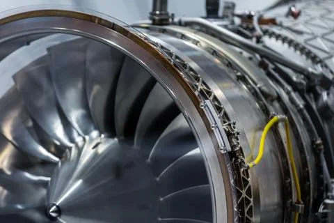 Detail close-up modern jet engine fan section precision aerospace engineeri.. Stock Photos