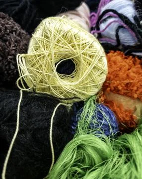 Detail of colored sheep wool, objects to knit Stock Photos
