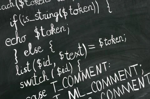 A detail of computer code in PHP explained with white chalk Foto stock