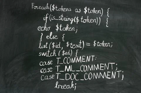 A detail of computer code in PHP explained with white chalk Stock Photos