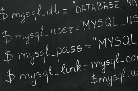 A detail of computer code in PHP explained with white chalk Foto stock