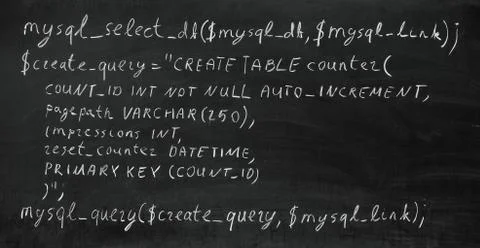 A detail of computer code in PHP explained with white chalk 스톡 사진