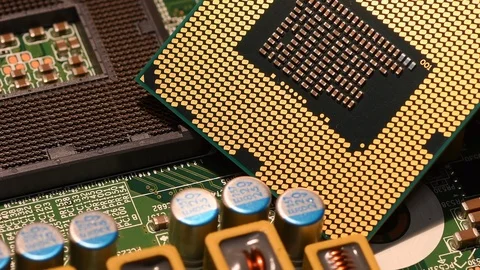 Detail of Computer CPU Chip over PC Motherboard. Stock Footage 120462302