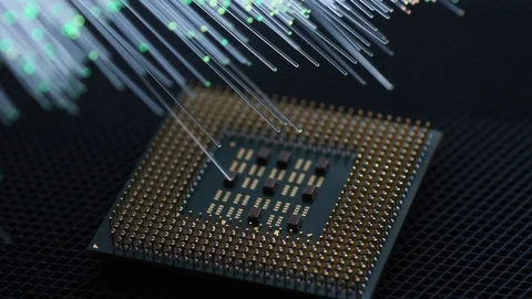 Detail of computer CPU Chip Processor with colored fiber optics background Stock Footage 104980126