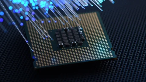 Detail of computer CPU Chip Processor with colored fiber optics Stock-Footage 104980369
