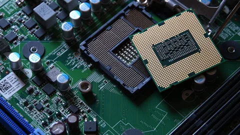 Detail of a CPU Processor over his Socket on a Motherboard. 스톡 동영상 202132312