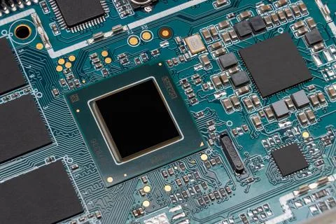 Detail of electronic board of computer. Close-up of electronic circuit board  Stock Photos
