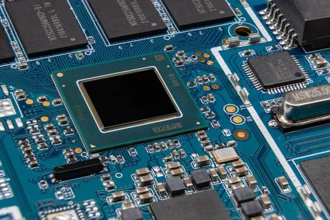 Detail of electronic board of computer. Close-up of electronic circuit board  Stock Photos